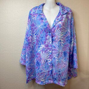 C.D. Daniels Womens Floral Blue Purple Button Blouse Top Size 1X